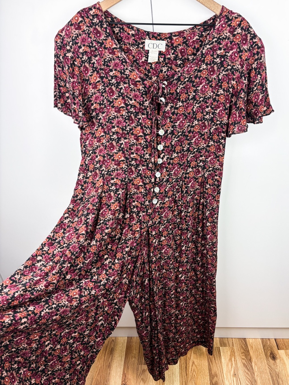 Vintage Wide Leg Palazzo Gaucho Jumpsuit Cottagecore Pink Floral Whimsigoth Boho